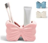 Porte-brosses à dents en céramique, motif papillon, rose, avec 2 compartiments pour brosses à dents et dentifrice, également utilisable comme support pour pinceaux de maquillage, organisateur de burea