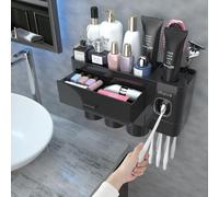 Porte-brosses à dents mural avec distributeur de dentifrice et tiroir, ensemble d'organisateurs, noir, avec 3 gobelets
