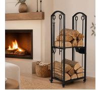 Porte-Bûches à Roulettes COSTWAY 2 Niveaux Support à Bois de Chauffage en Métal 100 kg avec 4 Accessoires 4 Roues 46x 33x122 cm