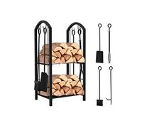 VOUNOT® Porte-bûches en métal pour cheminée - Support de stockage de bois avec 4 outils inclus - Noir