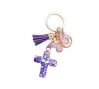 Porte-clés croix et papillon en résine chrétienne polyvalente avec pompons, breloque pour à, ornement pour