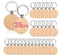Porte-clés en bois - Rondelles non finies - Bois de hêtre - Anneaux métalliques - Pour gravure personnalisée - 25 pièces