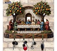 Porte-clés multifonctionnel en bois avec thème religieux "The Last Supper", design plat 2D, avec 4 crochets en métal. Décoration murale, décoration d'entrée, décoration de chambre, décoration de villa
