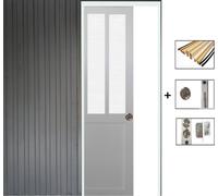 Porte Coulissant Atelier Blanc vitre depoli H204 x L83 + Systeme a galandage et kit de finition inclus (serrure)