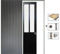 Porte Coulissant Atelier Noir vitre depoli H204 x L73 + Systeme a Galandage et kit finition inclus (serrure)
