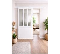Porte Coulissante Atelier Blanc vitre depoli H204 x l73 cm, Rail alu Bandeau Blanc, Coquilles blanc