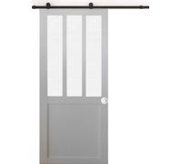 Porte Coulissante Atelier blanc vitre depoli H204 x L83 + Rail a roulettes et Coquilles blanc