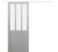 Porte Coulissante Atelier Blanc vitre depoli H204 x L83 + Rail alu Bandeau Blanc