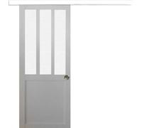 Porte Coulissante Atelier Blanc vitre depoli H204 x L83 + Rail alu Bandeau Blanc et Coquilles