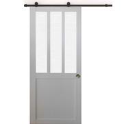 Porte Coulissante Atelier blanc vitre depoli H204 x L93 + Rail a roulettes et Coquilles