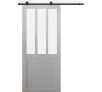 Porte Coulissante Atelier blanc vitre depoli H204 x L93 + Rail a roulettes Noir