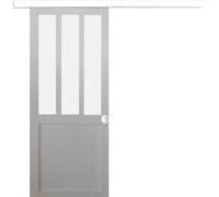 Porte Coulissante Atelier Blanc vitre depoli H204 x l93 + Rail alu Bandeau Blanc et Coquilles blanc