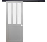Porte Coulissante Atelier blanc vitre depoli H204 x L93 + Rail Alu bandeau noir et Coquilles blanc