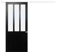 Porte Coulissante Atelier Noir vitre depoli H204 x L93 + Rail Alu Bandeau blanc et Coquilles