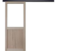 Porte Coulissante Atelier placage chene Vitree H204 x L73 + Rail Alu bandeau noir