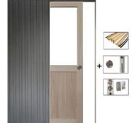 Porte Coulissante Atelier placage chene Vitree H204 x L73 + Système a Galandage et kit finition inclus (serrure)