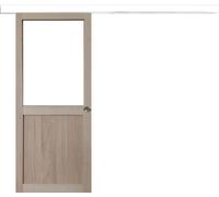 Porte Coulissante Atelier placage chene Vitree H204 x L83 + Rail Alu Bandeau Blanc et Coquilles