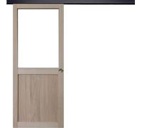 Porte Coulissante Atelier placage chene Vitree H204 x L83 + Rail Alu bandeau noir et Coquilles