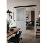 Porte Coulissante Athena Gris Clair Vitrée H204 x L73 cm Rail Alu Bandeau Noir Coquilles