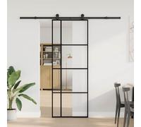 Porte coulissante avec ferrure, 76 x 205 cm, verre ESG et aluminium, noir | Kit complet avec guides, glissement silencieux, verre trempé 5 mm, cadre aluminium corrosion, design minimaliste