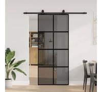 Porte coulissante avec ferrure, noir, 90 x 205 cm, verre trempé, cadre en aluminium, brise-vue, porte pour chambre, appartement, bureau, peu encombrant et silencieuse, avec accessoires de montage