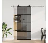 Porte coulissante avec ferrure, noir, 90 x 205 cm, verre trempé, rail coulissant en acier revêtu par pulvérisation, silencieuse et peu encombrante, pour chambre, maison, cuisine, salle de bain, balcon