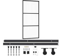 Porte Coulissante avec Kit Quincaillerie, Verre ESG Transparent et Cadre Aluminium Noir, Arrêt Progressif, Rail 200 cm, 90x205 cm