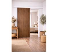 Porte Coulissante Décor Noyer Light Walnut H204 x L83 cm Rail alu Bandeau Blanc