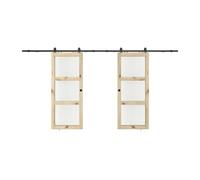 Porte coulissante double avec système en applique en bois et verre trempé - 3 fenêtres - 2 x H205 x L63 cm - ACOSTA II