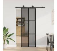 Porte coulissante en verre trempé avec ferrures noires 76 x 205 cm, cadre en aluminium, peu encombrant, avec brise-vue, silencieuse, pour chambre, appartement, bureau, intérieur, robuste et durable