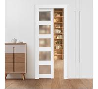 VEVOR Porte Coulissante Escamotable 203,5x76,5 cm, Simple Porte à Galandage avec 5 Panneaux en Verre Dépoli, Kit de Quincaillerie, Robuste en Bois Massif et MDF, pour Chambre, Cuisine, Bureau