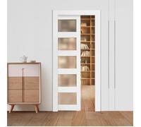 VEVOR Porte Coulissante Escamotable 203,5x91,5 cm, Simple Porte à Galandage avec 5 Panneaux en Verre Dépoli, Kit de Quincaillerie, Robuste en Bois Massif et MDF, pour Chambre, Cuisine, Bureau