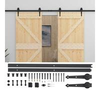Porte coulissante intérieure 2 pièces, mécanisme supérieur fluide, bois de pin massif, rail en acier poudré, 200 x 5,5 x 210 cm, naturel et noir