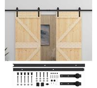 Porte coulissante intérieure, mécanisme supérieur compact, bois de pin massif, rail acier poudré, 200 x 5,5 x 210 cm, naturel et noir