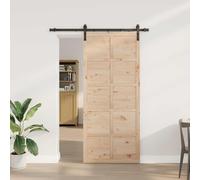 Porte coulissante naturelle 80 x 208 cm en pin massif avec noir | Bois massif aspect naturel, rail en acier revêtu par pulvérisation noir, mécanisme coulissant léger sur le dessus
