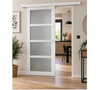 Porte Coulissante Tana Blanc Vitrée H204 X L63 cm Rail Alu Bandeau Blanc Coquilles Blanc