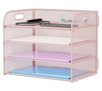 Porte-courrier de bureau - Organiseur à 4 compartiments - Avec poignée - Maille métallique - A4 - Rose
