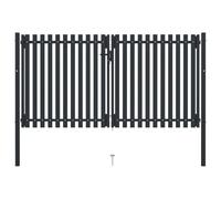 Porte de jardin double porte en acier 300 x 175 cm anthracite avec serrure | Clôture à double battant en acier revêtu par pulvérisation avec poignée et piquet de terre pour accès au jardin