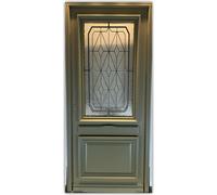 Porte d'entree Bois vitree, Canelle Vert RAL 7002, H215 x L90 p,droit + Poignée Et Barillet (ref010403RFP)