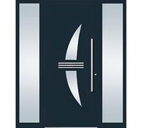 Porte d'entrée luxueuse, de couleur bleu foncé, avec vitre et éléments en chrome. Portes d'entrée de haute qualité