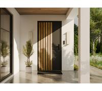 Porte d'entrée pleine en acier H207 x L100 cm anthracite avec rayures effet chêne - épaisseur 68 mm - poussant gauche - COBRITA