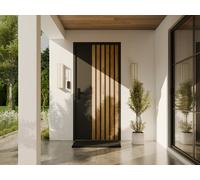 Porte d'entrée pleine en acier H207 x L100 cm anthracite avec rayures effet chêne - épaisseur 68 mm - poussant droit - COBRITA