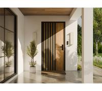 Porte d'entrée pleine en acier H207 x L100 cm effet chêne avec rayures noires - épaisseur 68 mm - poussant gauche - COBRITA