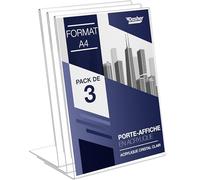 Porte-Document A4 Incliné en Acrylique Transparent, Pack de 3. Présentoir de comptoir, publicité, cadre photo, pancartes, brochures, dépliants, menus, affichage. Maison, bureau, magasin, restaurant