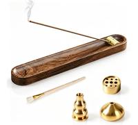 Porte Encens Baton en Noyer Amovible Kit 3 Encensoir en Alliage de Zinc | Support Encens Variés, avec Brosse Laine & Plateau à Cendres, Compatibles Divers Encens Baton, Idéaux Pour Méditation et Spa