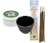 Porte-encens coupelle en fonte noire + sable blanc + Encens indien au Patchouli Noir G