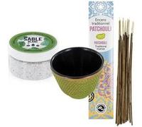 Porte-encens coupelle en fonte verte + sable blanc + Encens indien au Patchouli Vert G