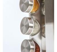 Porte-épices à 5 compartiments x12, rotatif, en acier inoxydable, gris bambou, bambou et verre, L 22,9 x l 17 x H 17 cm