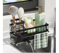 Porte Eponge Evier Organiseur d'évier Cuisine en Acier Inox avec Porte Brosse Amovible Rangement et Organisation de Cuisine-Noir