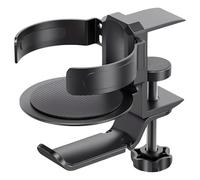 Porte-gobelet de bureau avec support pour casque, 2 en 1 en alliage d'aluminium ABS noir, design pivotant, base antidérapante, 11,4 cm, 11,5 cm de large, sans perçage pour tasses Stanley et la plupart
